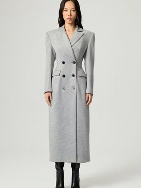 Tailored Long Double-Breasted Trench Coat in Light Gray